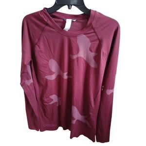 Oiselle Long Sleeve Running Top Burgundy Bird Print Athletic Shirt Womens XL